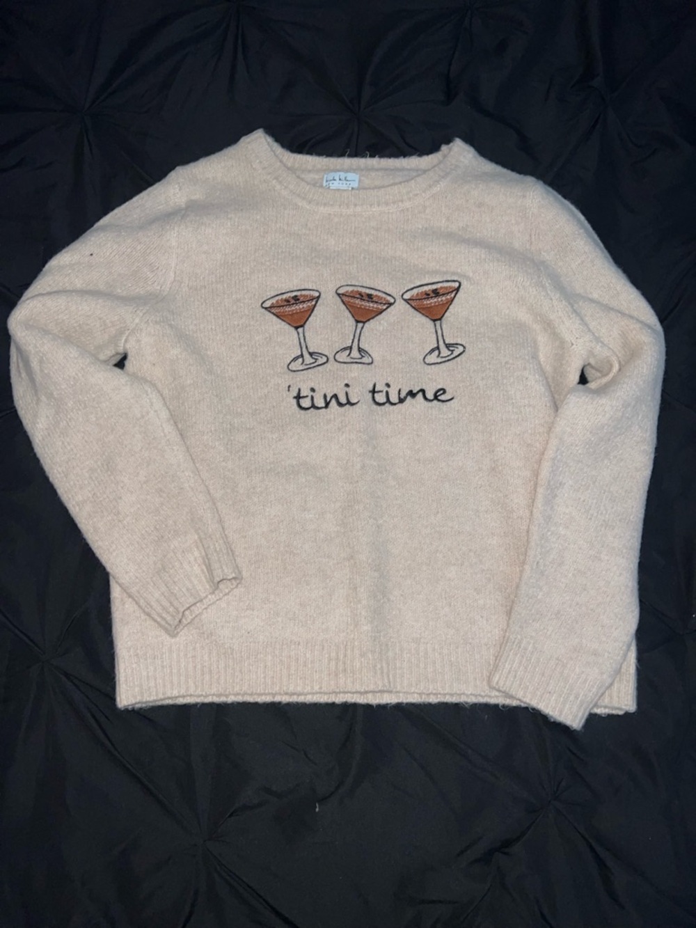 Nicole Miller Cream Crewneck Sweater with Martini Embroidery